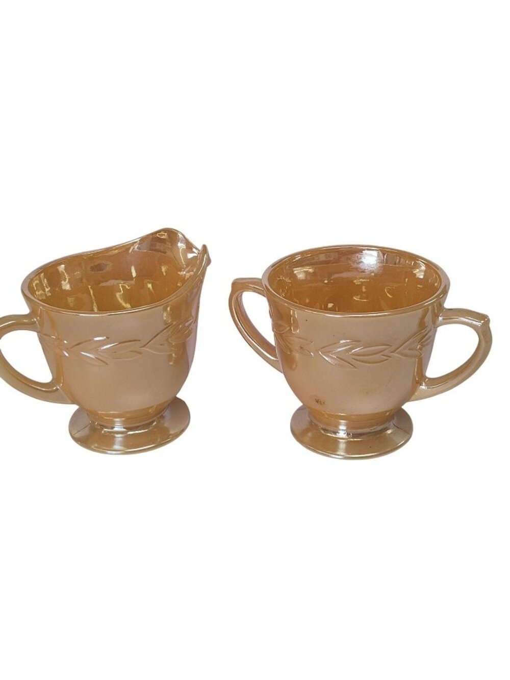 Fire-King Peach Lustre Laurel Creamer and Sugar Bowl Set Vintage MCM Iridescent